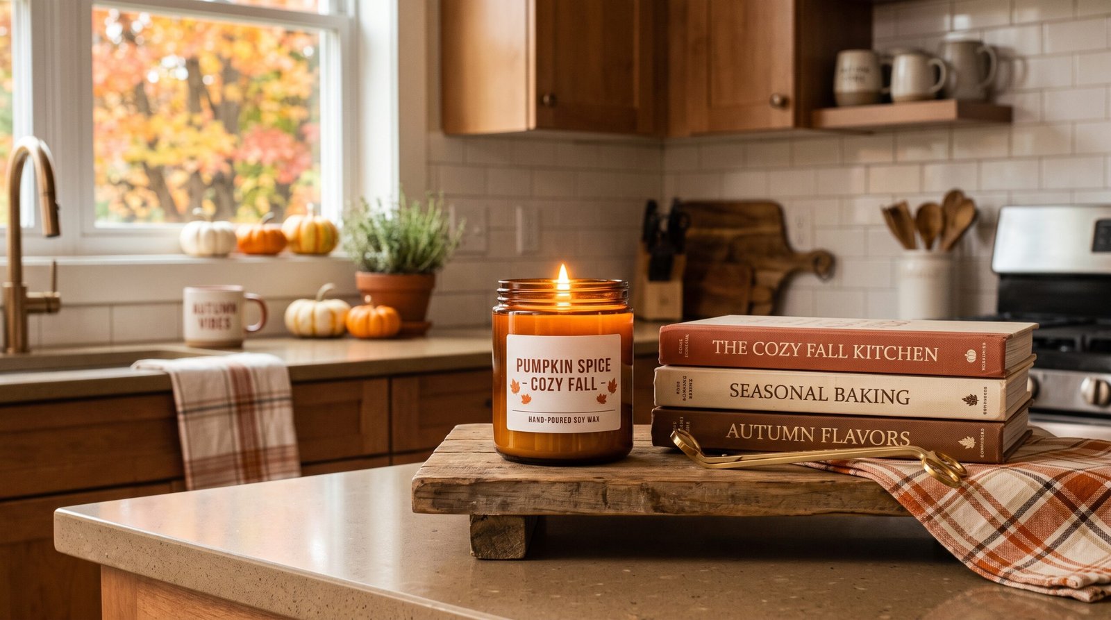Amber glass jar scented candle on kitchen counter for fall kitchen countertop styling ideas