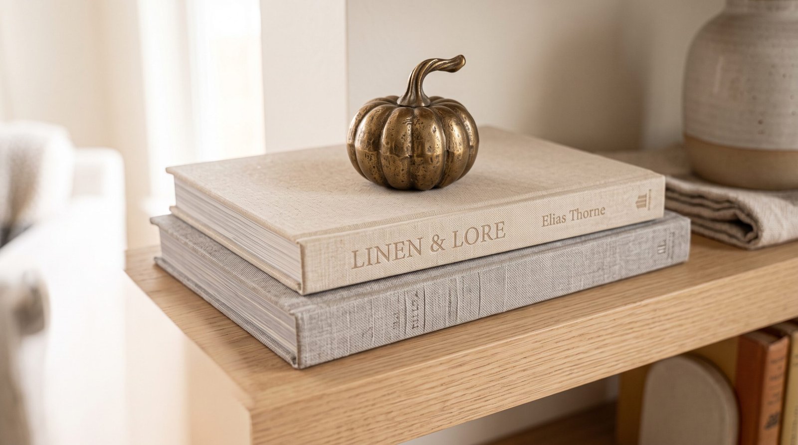 Mini brass pumpkin accent on neutral book stack for pumpkin and plaid living room decor ideas