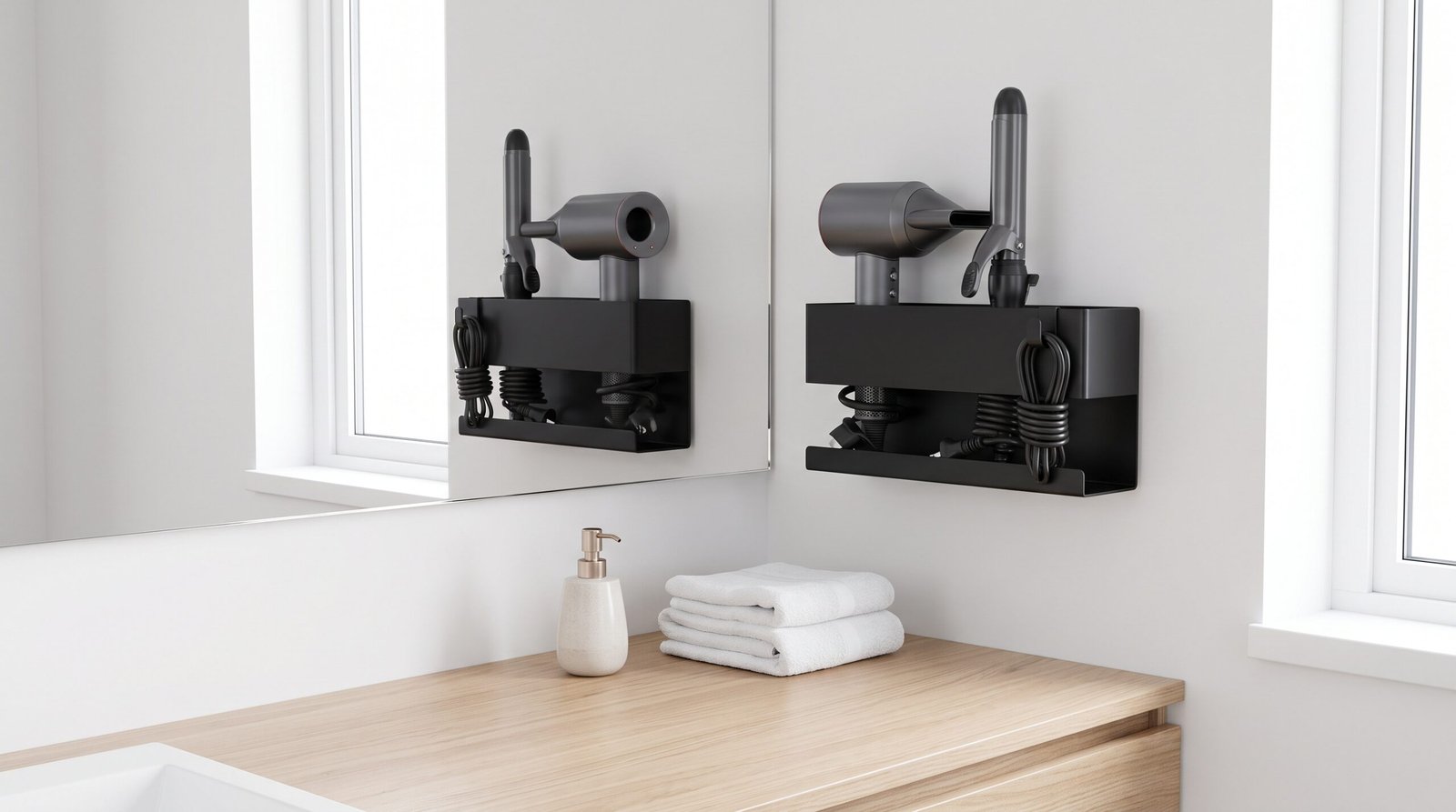 wall mounted hair dryer and straightener organizer metal