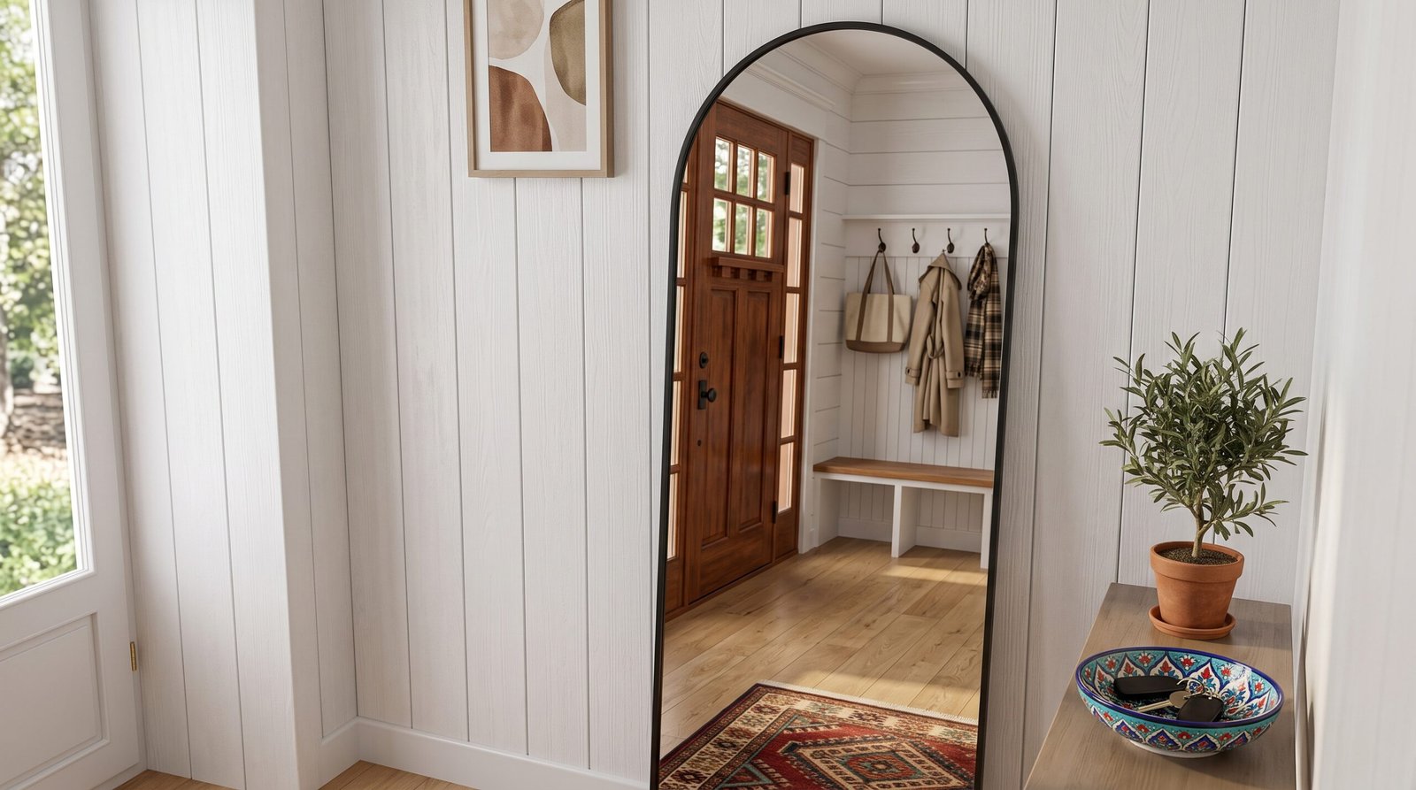 aesthetic arched full length floor mirror entryway mudroom
