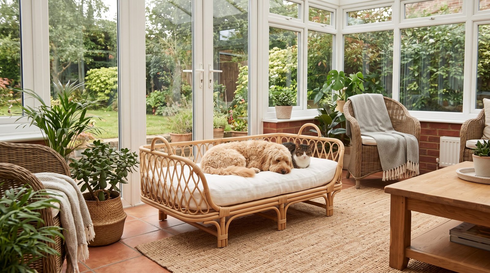 natural woven rattan elevated pet bed with white cushion