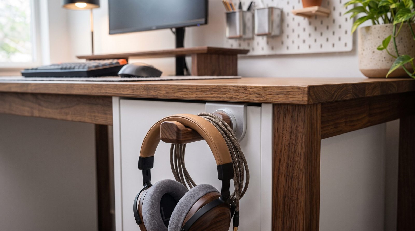 under desk rotating wooden headphone hook holder modern workspace