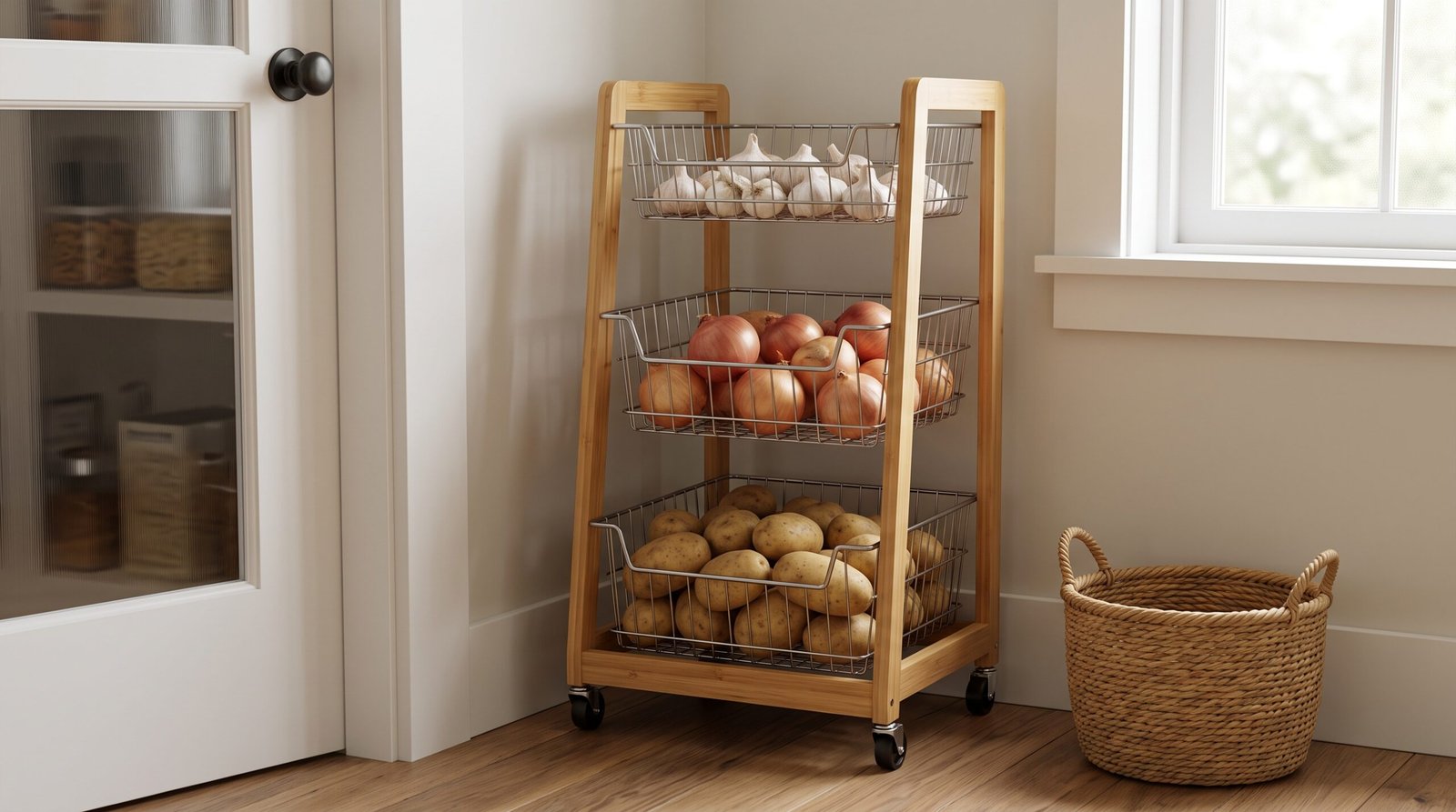 tiered bamboo and wire vegetable storage cart for kitchen pantry organization ideas