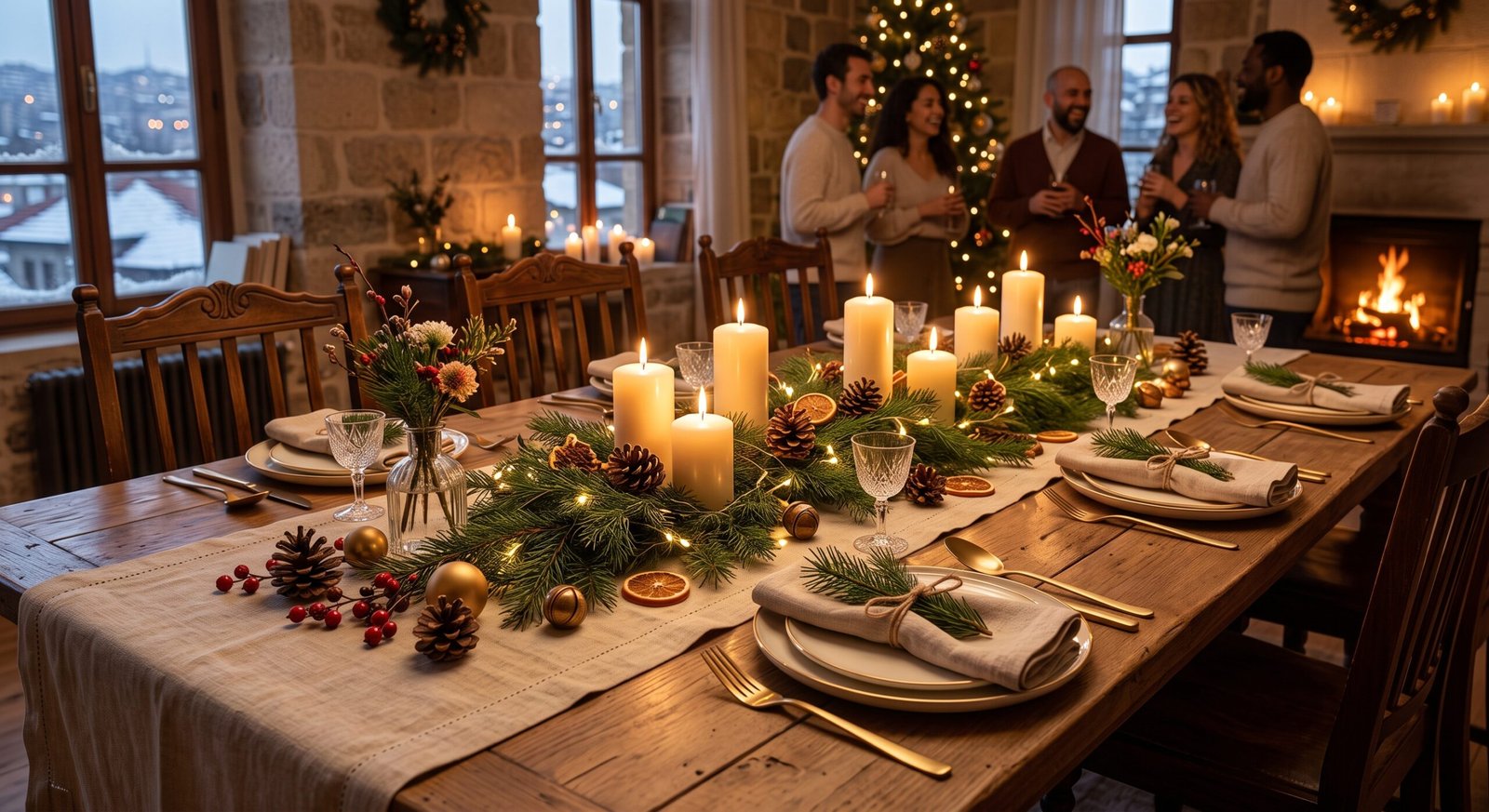 Holiday dining table setting with linen runner, gold cutlery, and pinecones