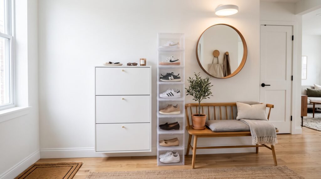 Aesthetic shoe storage hacks for tiny spaces featuring slim flip-down cabinet and clear stackable boxes