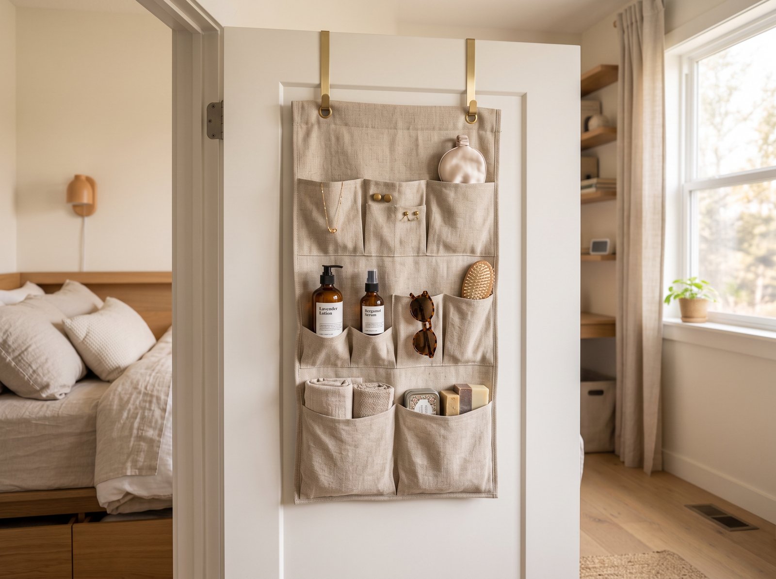 fabric over the door hanging organizer with clear pockets for small bedroom