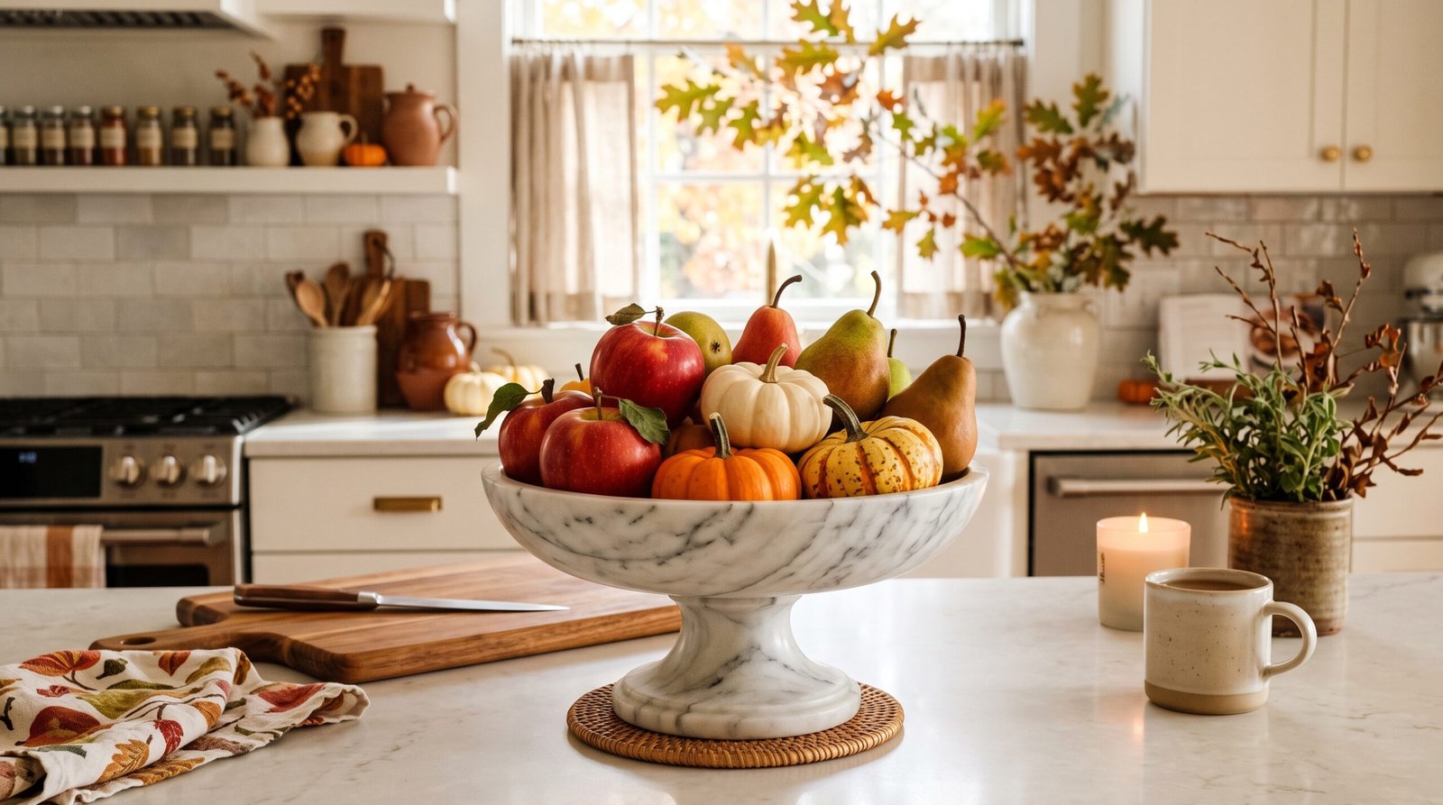 Footed marble produce bowl with autumn fruit for fall kitchen countertop styling ideas