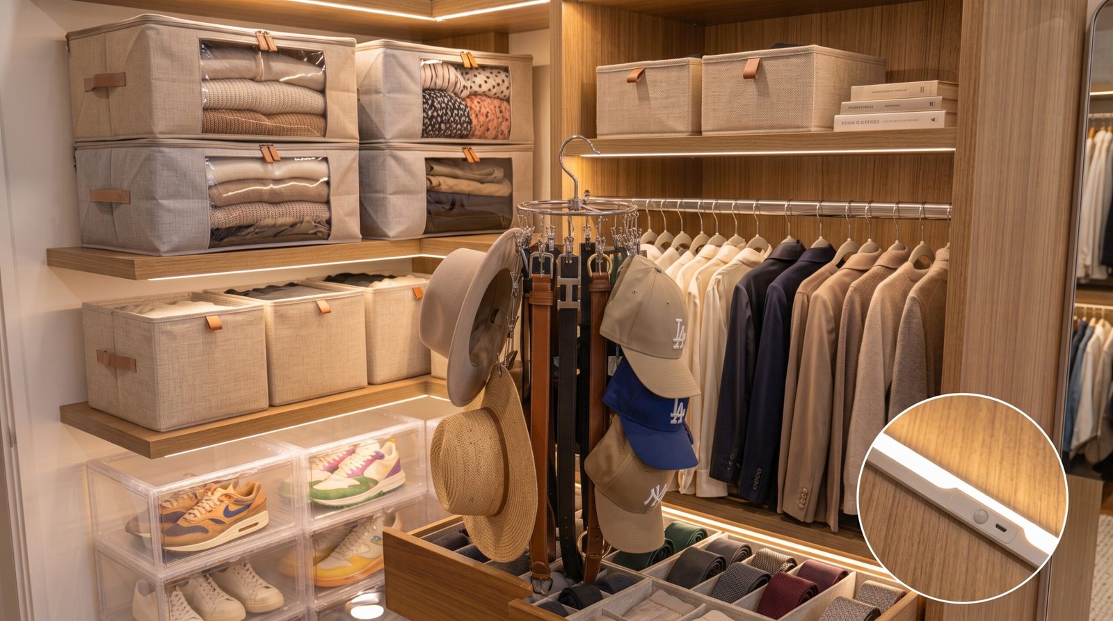 Rechargeable motion sensor LED light bar as closet organization essentials for dark shelves
