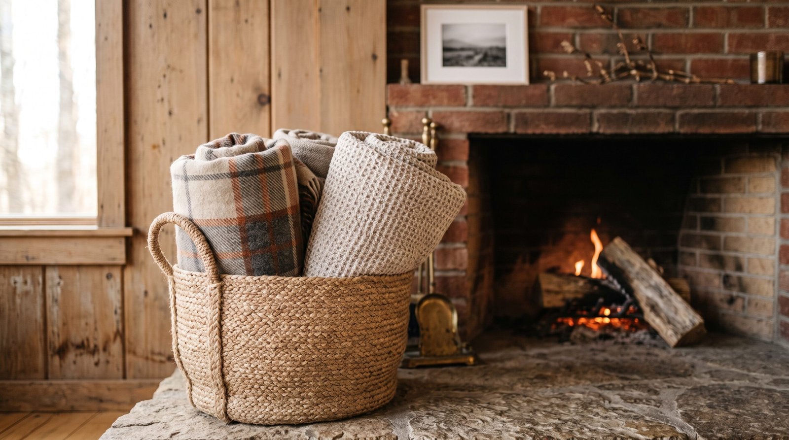 Woven jute storage basket with plaid blankets for pumpkin and plaid living room decor ideas