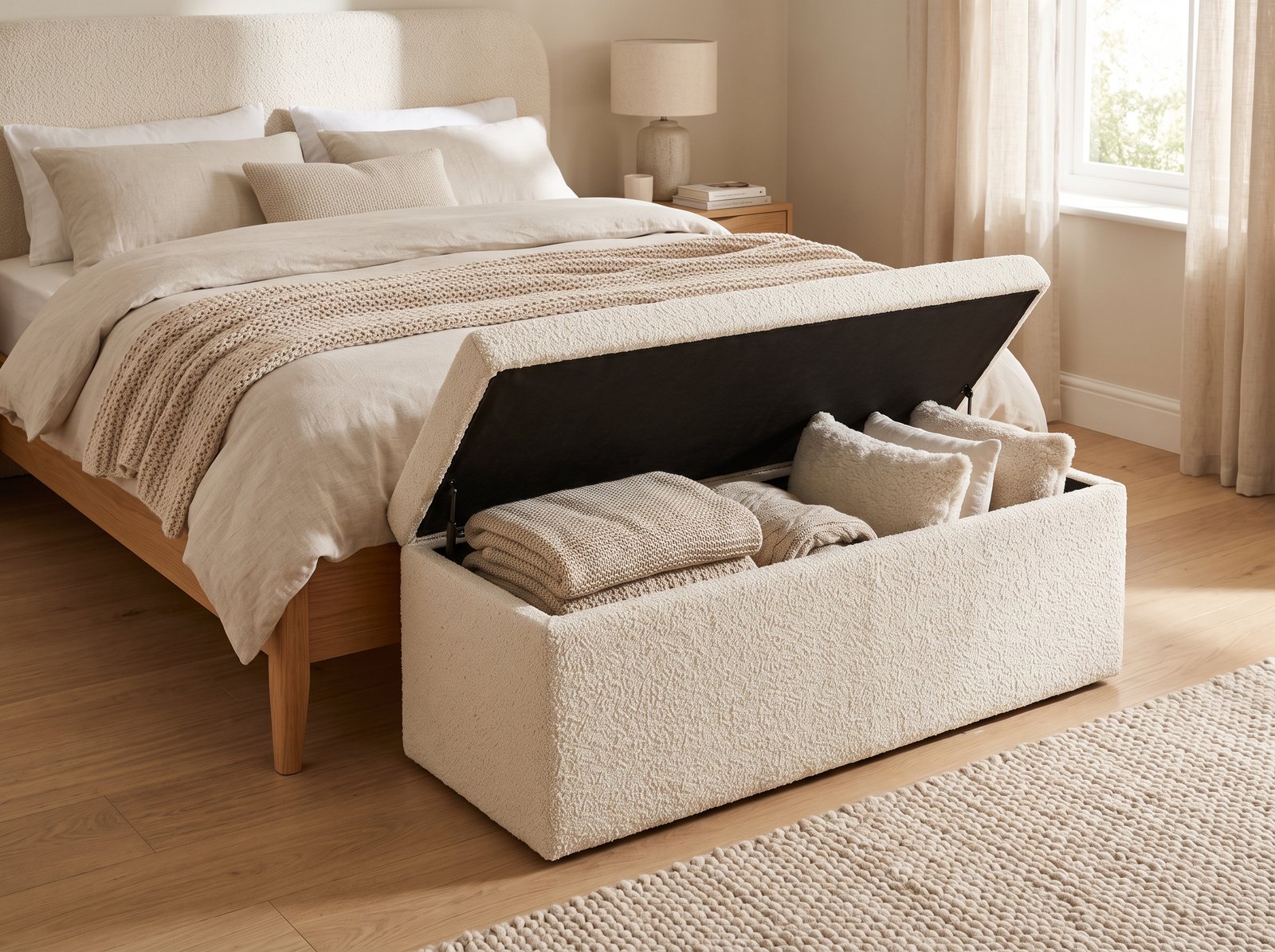 storage ottoman bench at foot of bed small bedroom idea