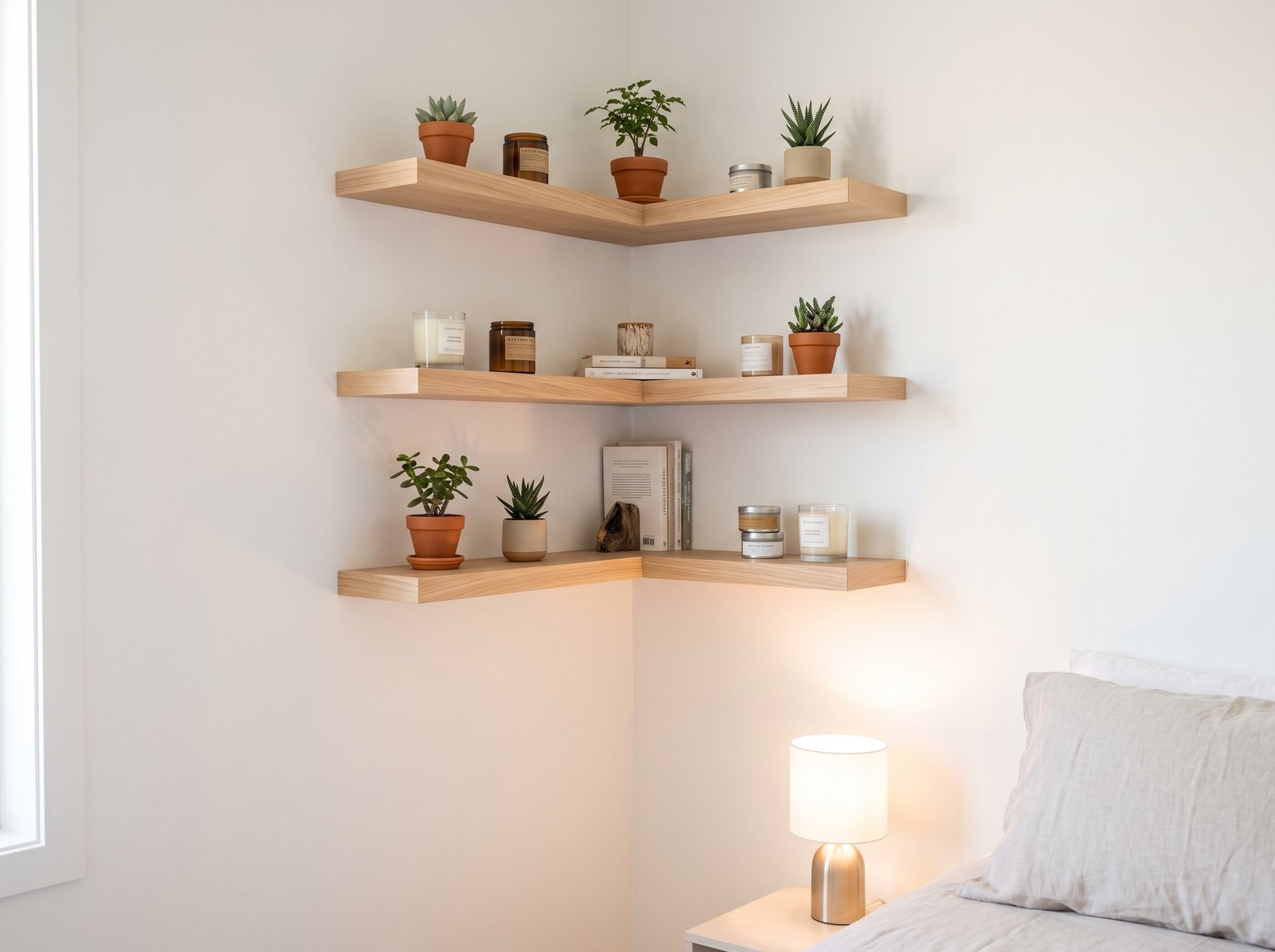 floating wooden corner shelves for small bedroom storage
