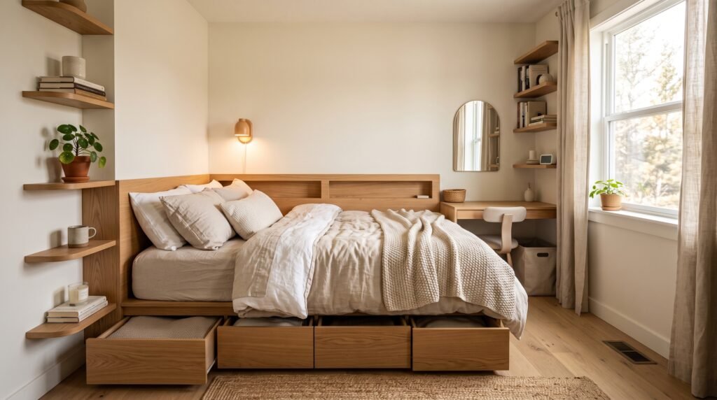 small bedroom storage ideas with under bed bins and floating shelves