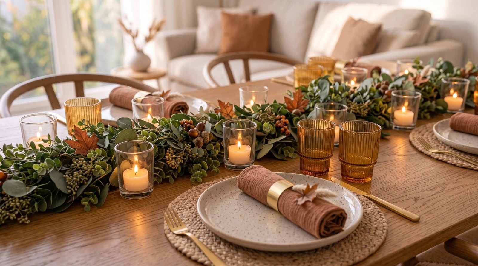 Lush faux seeded eucalyptus garland centerpiece running down fall dining table