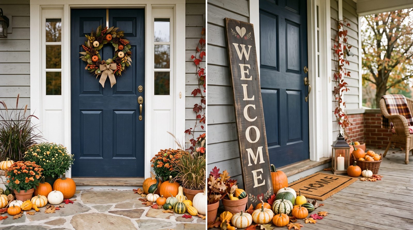 Tall rustic wooden welcome sign leaning beside small front door with mini pumpkins