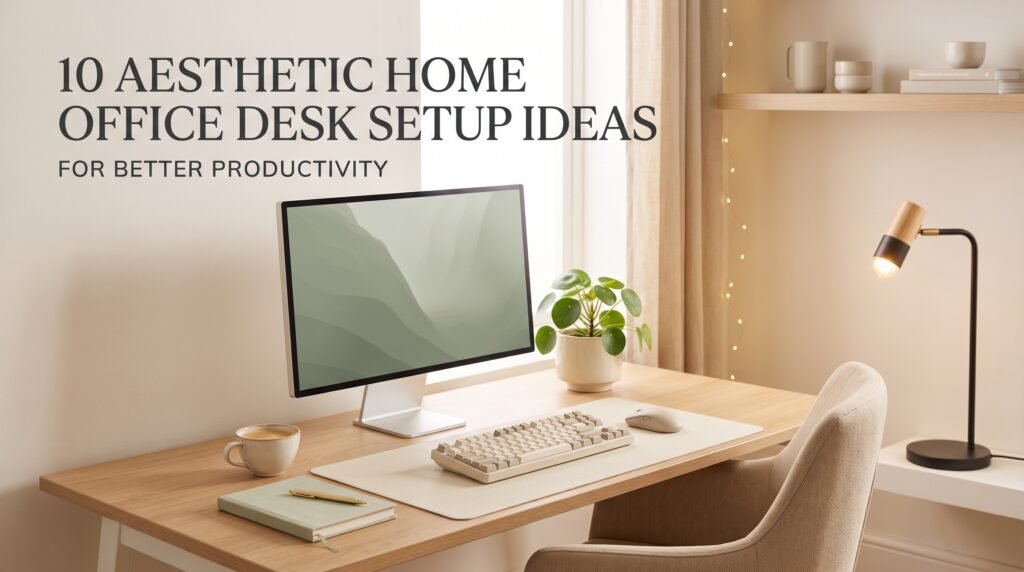 aesthetic modern home office desk setup with wooden monitor stand and warm lighting