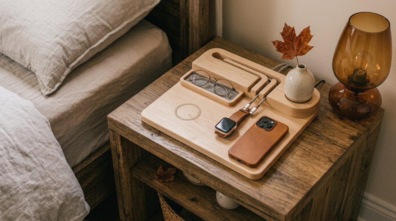 Bedside wireless charging station and cable organizer for cozy bedroom layering ideas
