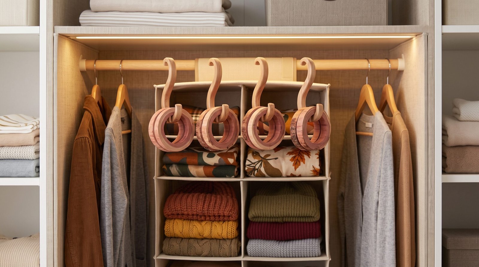 Natural cedar wood blocks and hanger rings for transition your wardrobe from summer to fall