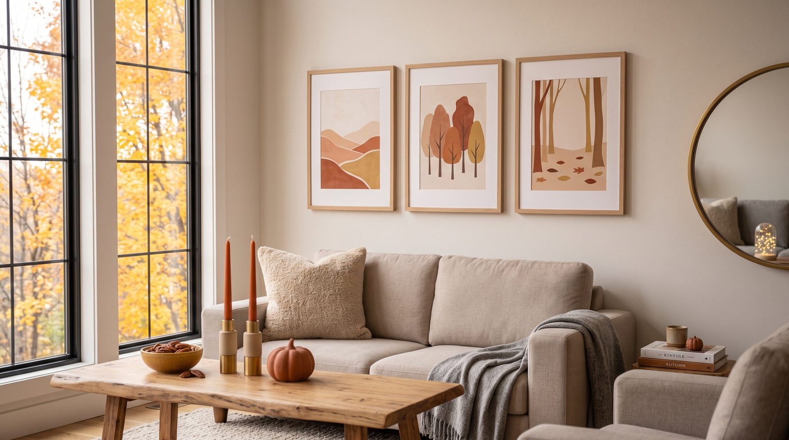 Neutral fall landscape art prints in light oak frames above sofa
