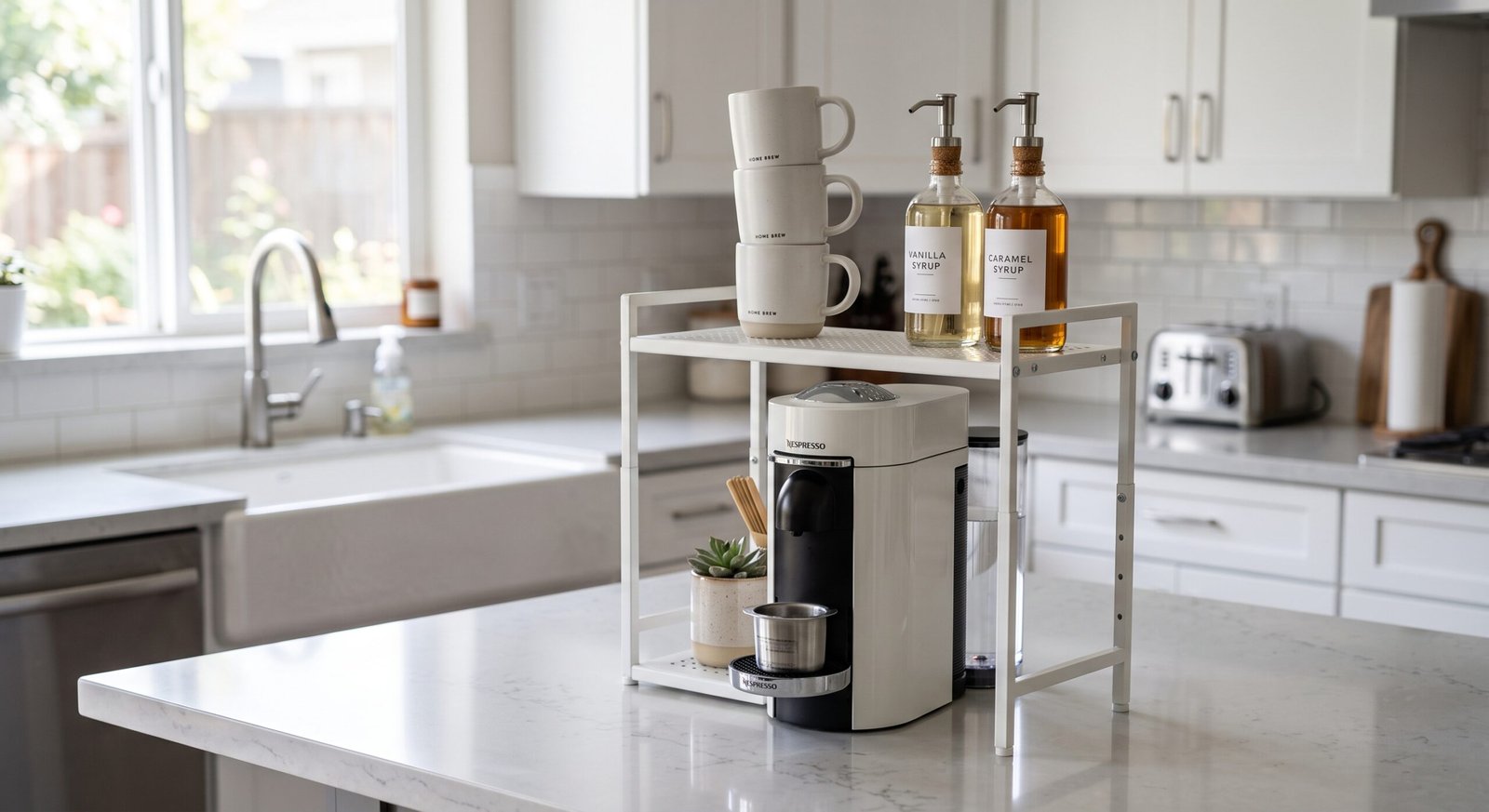 expandable kitchen countertop riser shelf coffee bar station organizer