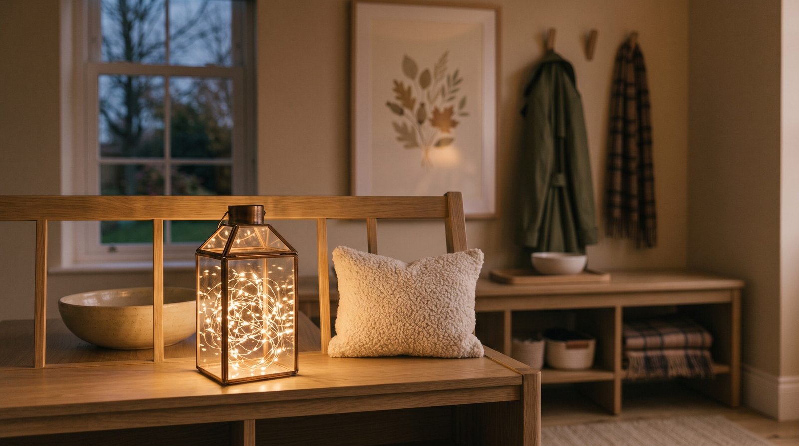 Cream textured boucle accent pillow resting on cozy fall entryway bench