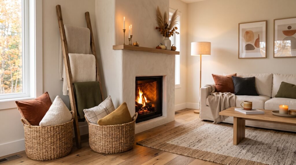 8 best blanket and throw pillow storage ideas for fall and winter featuring woven baskets and a wooden blanket ladder