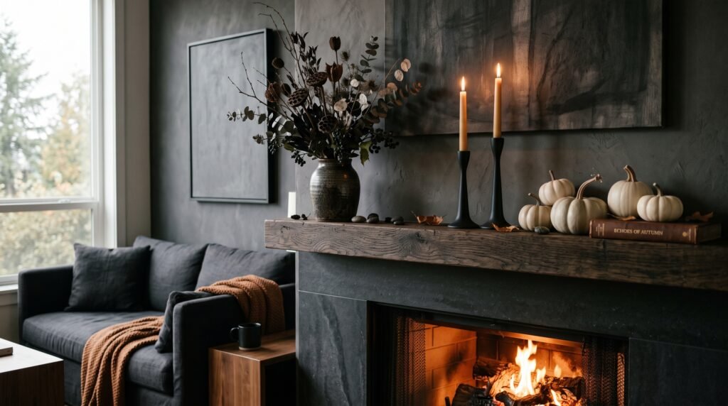 8 best classy halloween decor ideas for modern homes featuring matte black taper candles and neutral ceramic pumpkins