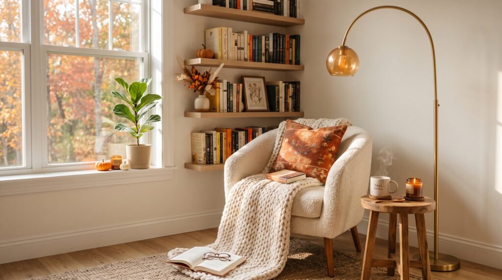 Cozy fall corner nook ideas featuring cream boucle chair, arched lamp, and floating bookshelves