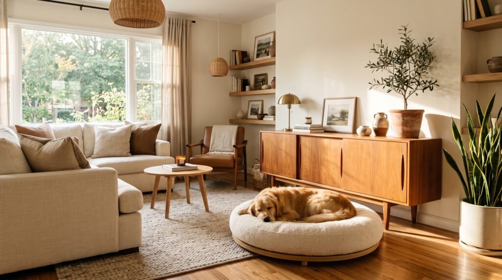 Interior photography of an ultra-aesthetic modern American living room featuring stylish wooden pet furniture. A cute golden retriever rests on a neutral boucle dog bed near a sleek mid-century credenza, cozy warm sunlight, pottery barn aesthetic, 8k --ar 16:9 --no text, words, labels, letters, signage, typography