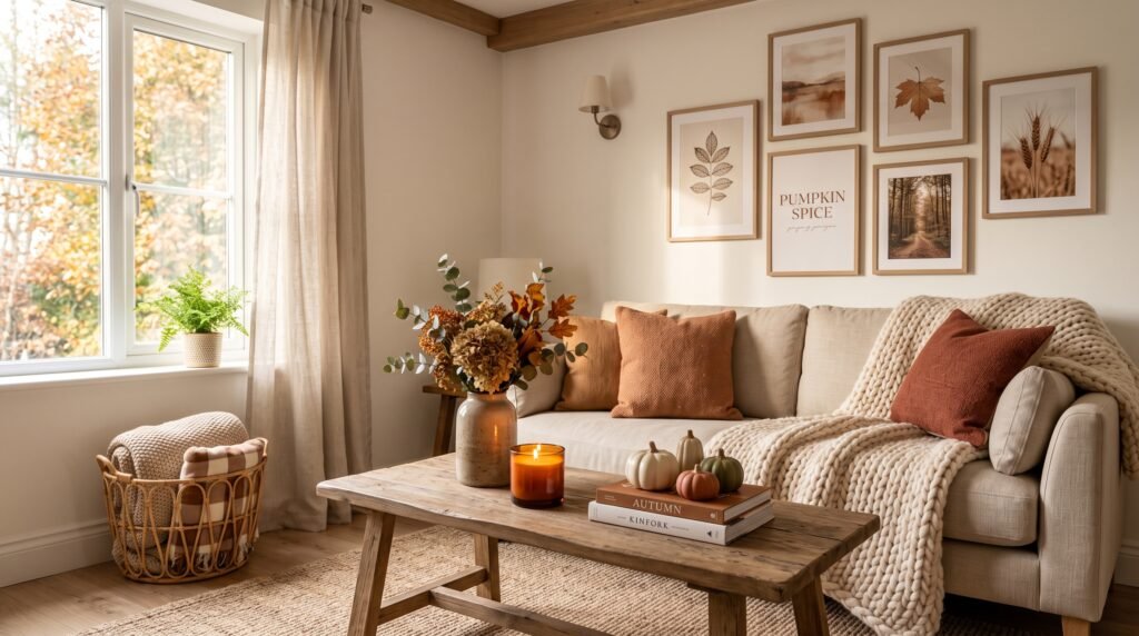 10 cozy aesthetic fall decor ideas for small living rooms with warm blanket and candles