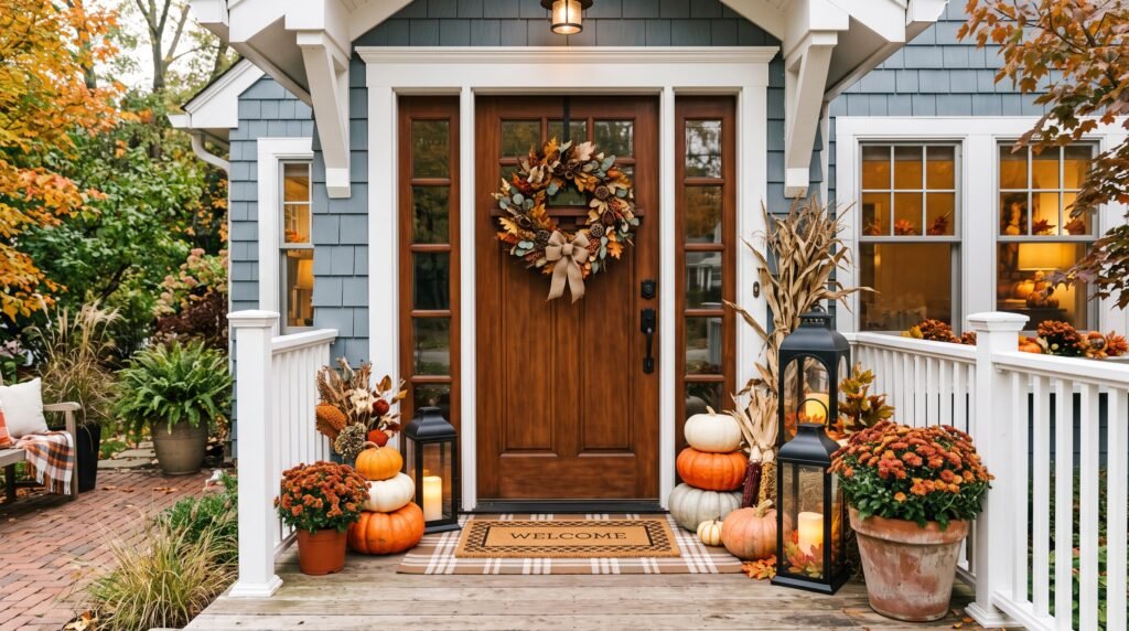 Cozy small front porch fall decorating ideas with layered door mats faux pumpkins and glowing lanterns