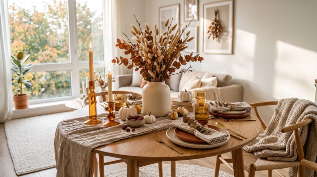Aesthetic fall dining table decor ideas for small spaces with linen runner ceramic vase and glowing candles