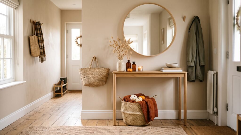 10 cozy fall entryway decor ideas on a budget with neutral styling and woven accents