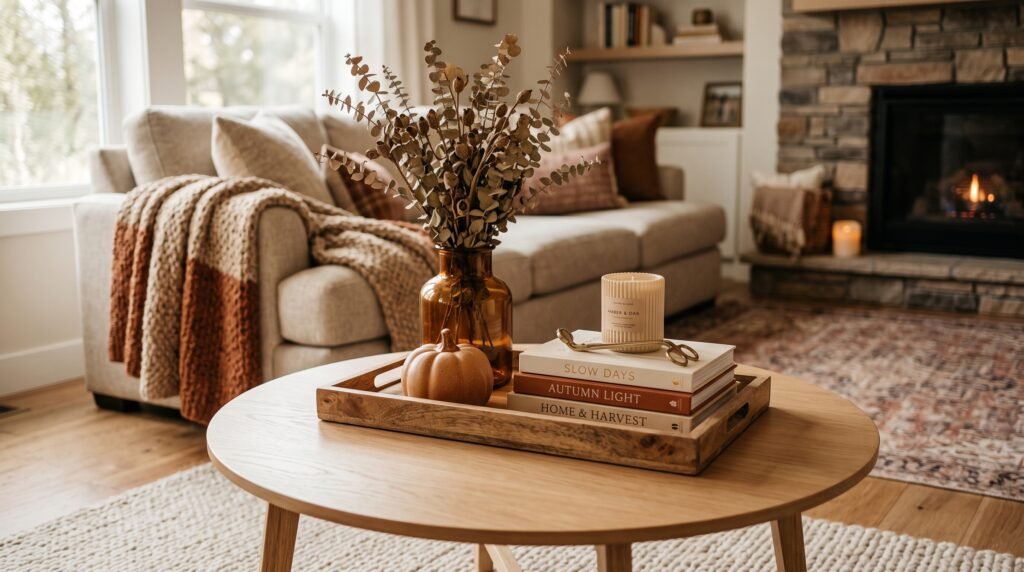 Modern fall coffee table styling featuring wooden tray, amber glass vase, and aesthetic decor