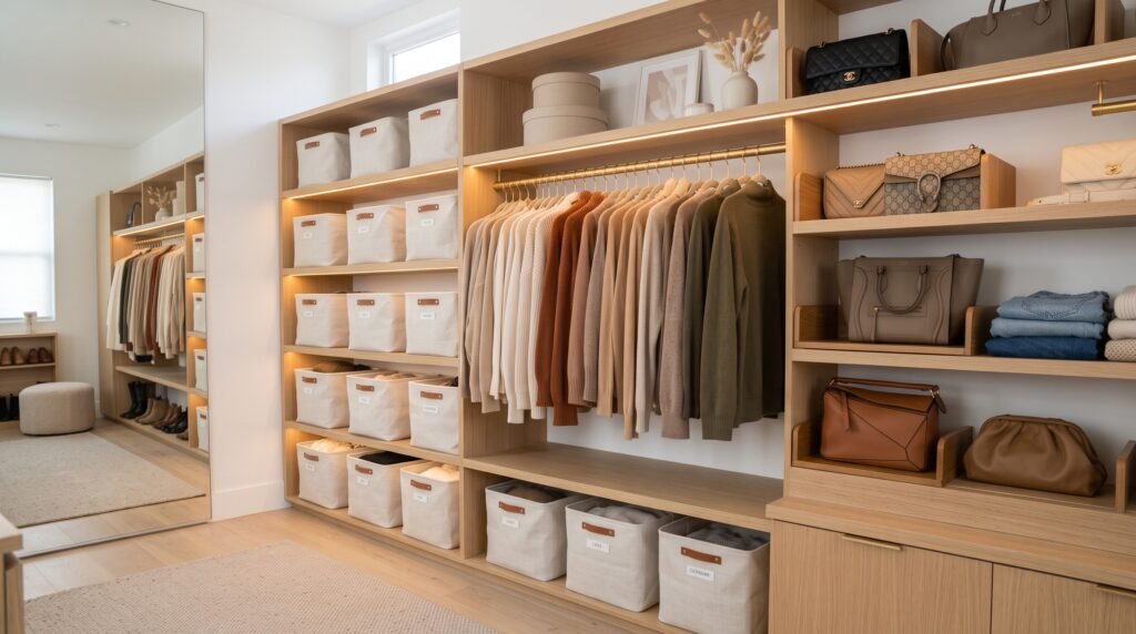 8 smart ways to transition your wardrobe from summer to fall featuring organized modern walk-in closet with velvet hangers and storage bins