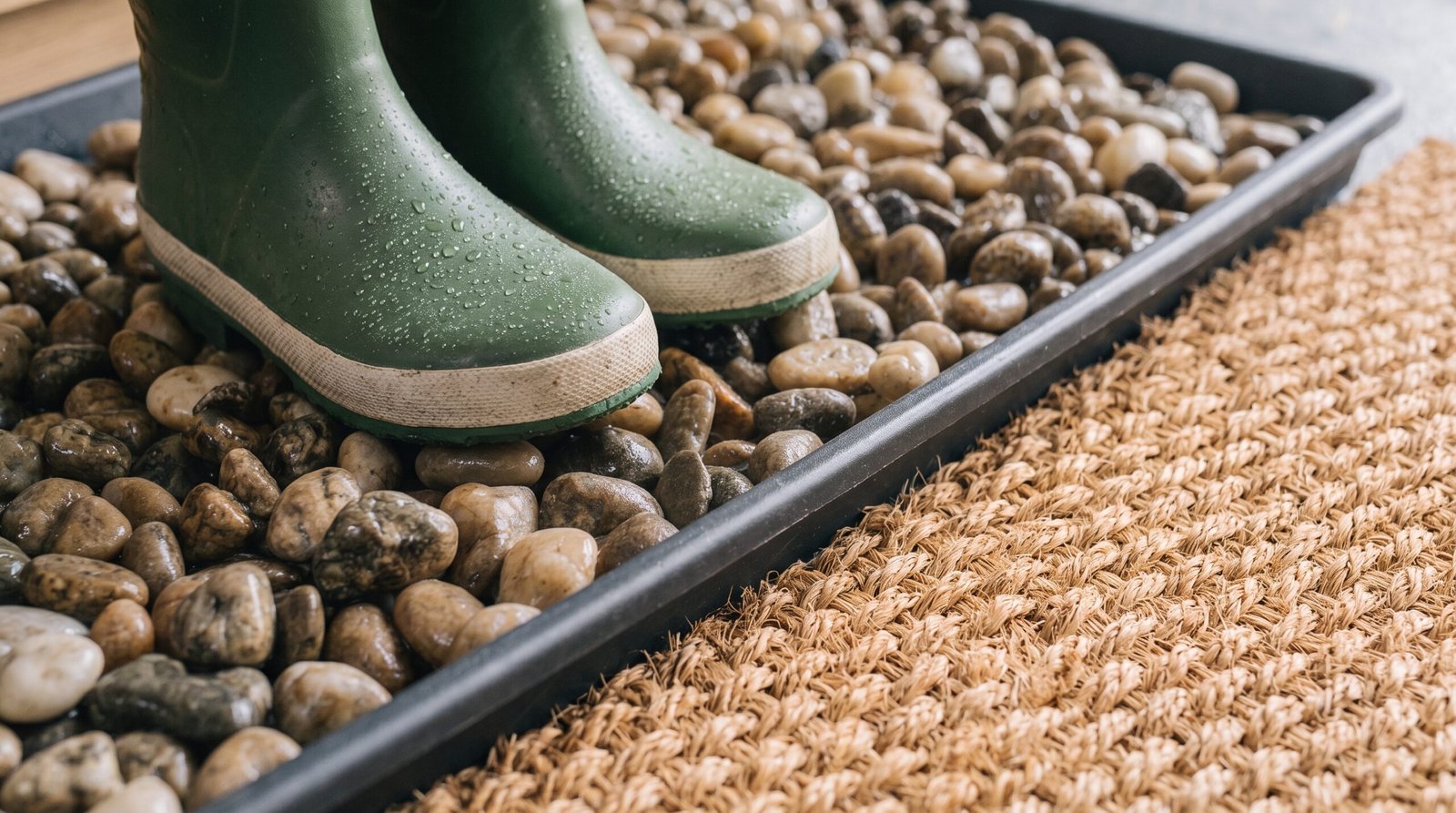 Modern boot tray with river stones for modern mudroom organization ideas