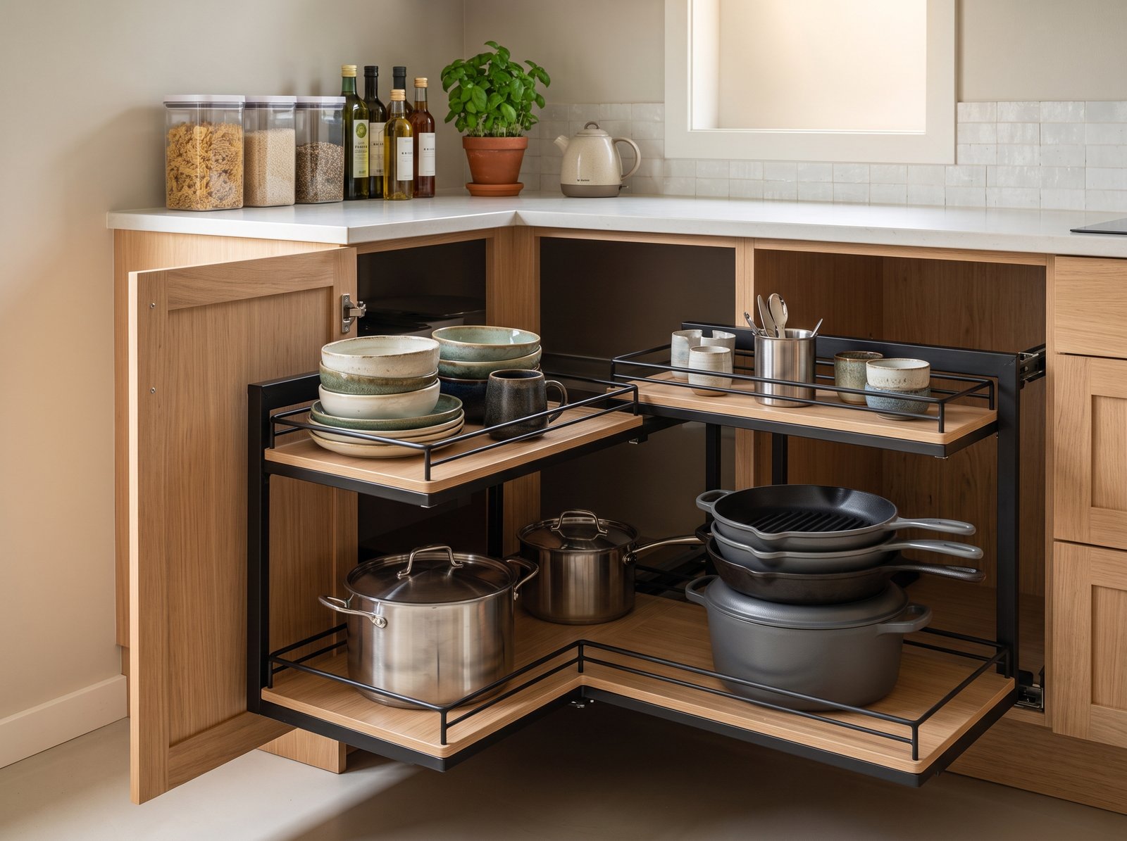 Blind corner pull out shelves for deep corner cabinet organization ideas for small spaces