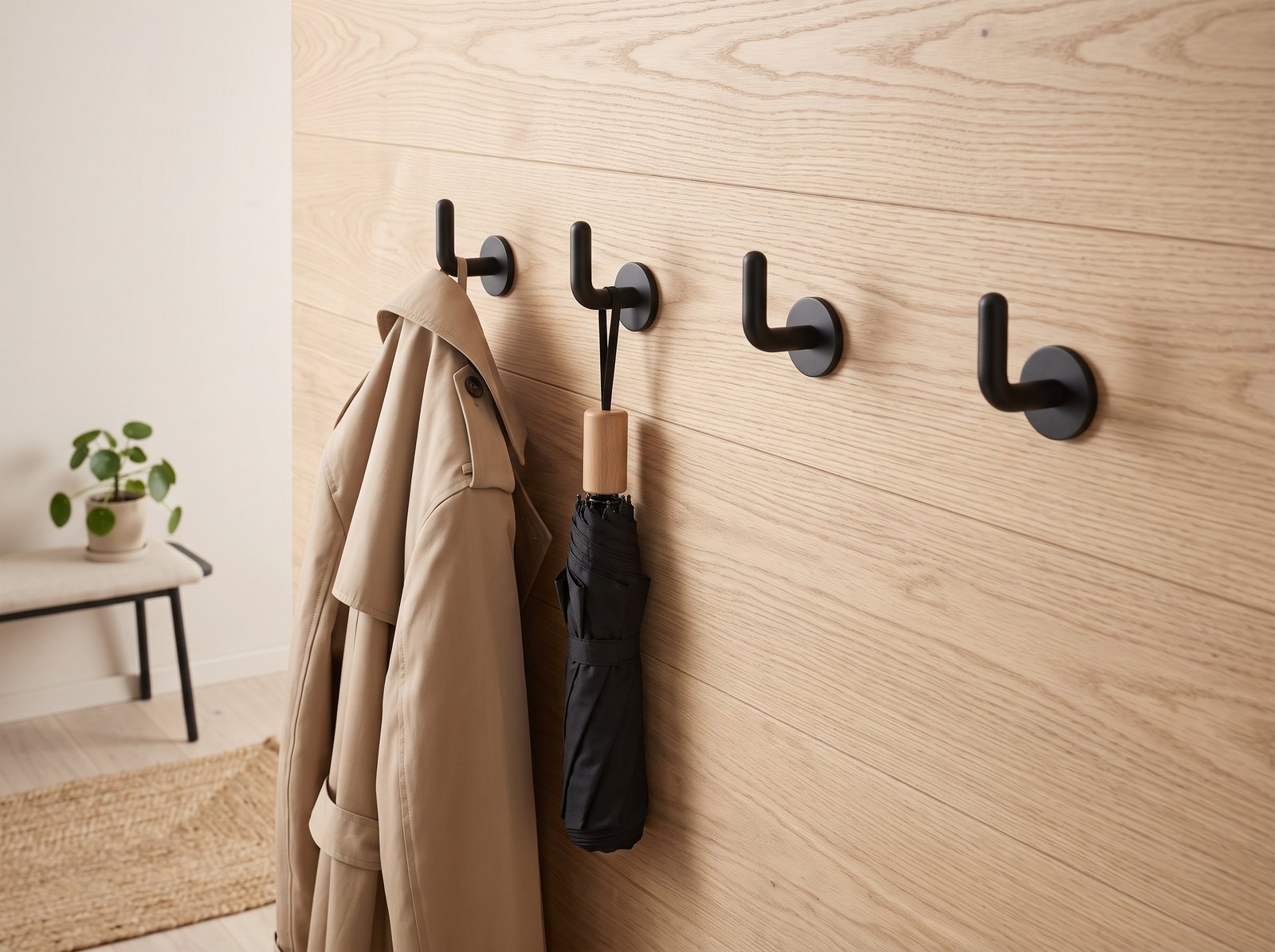 Matte black wall hooks for modern mudroom organization ideas