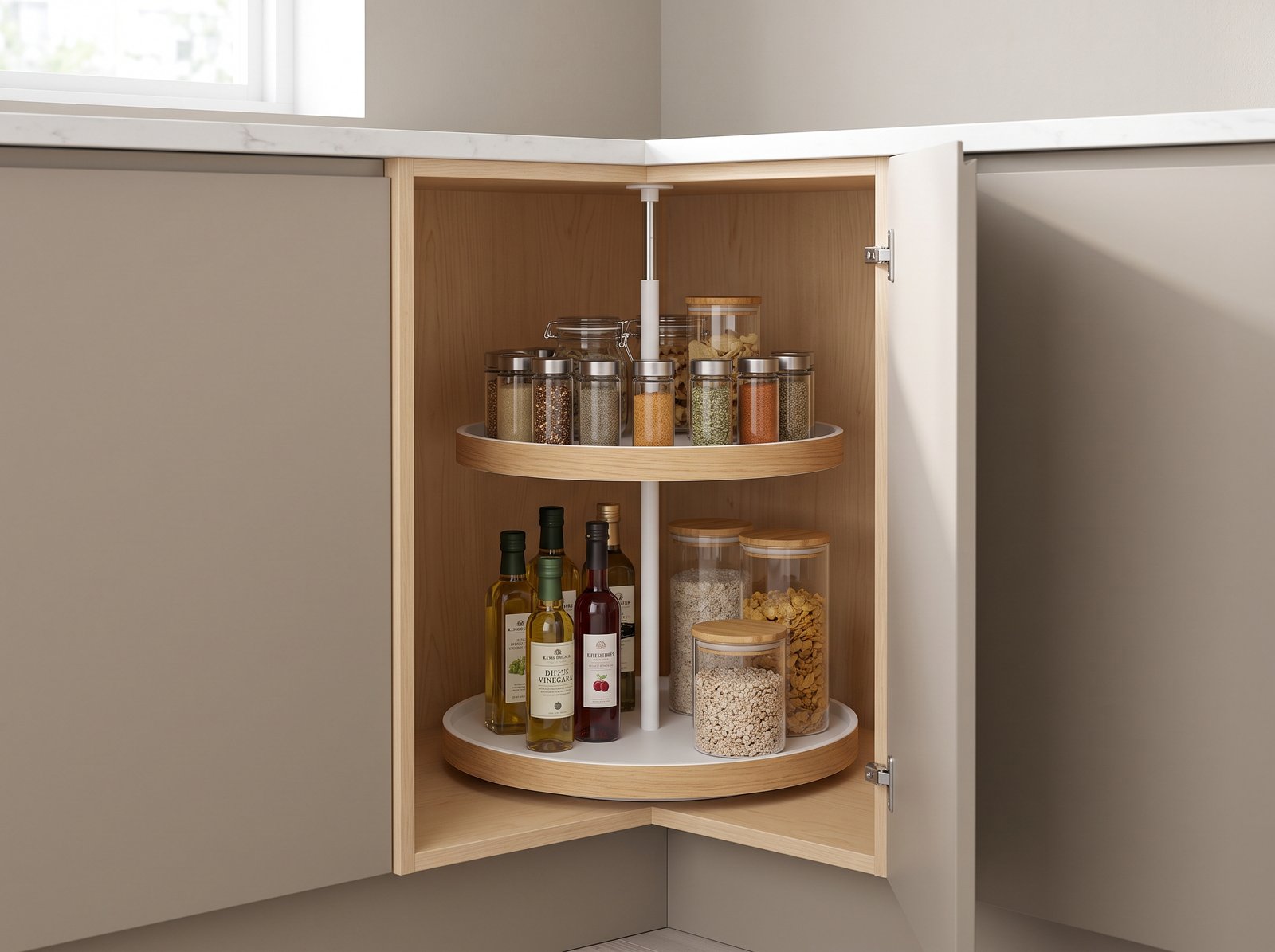 Tiered lazy susan turntable for deep corner cabinet organization ideas for small spaces