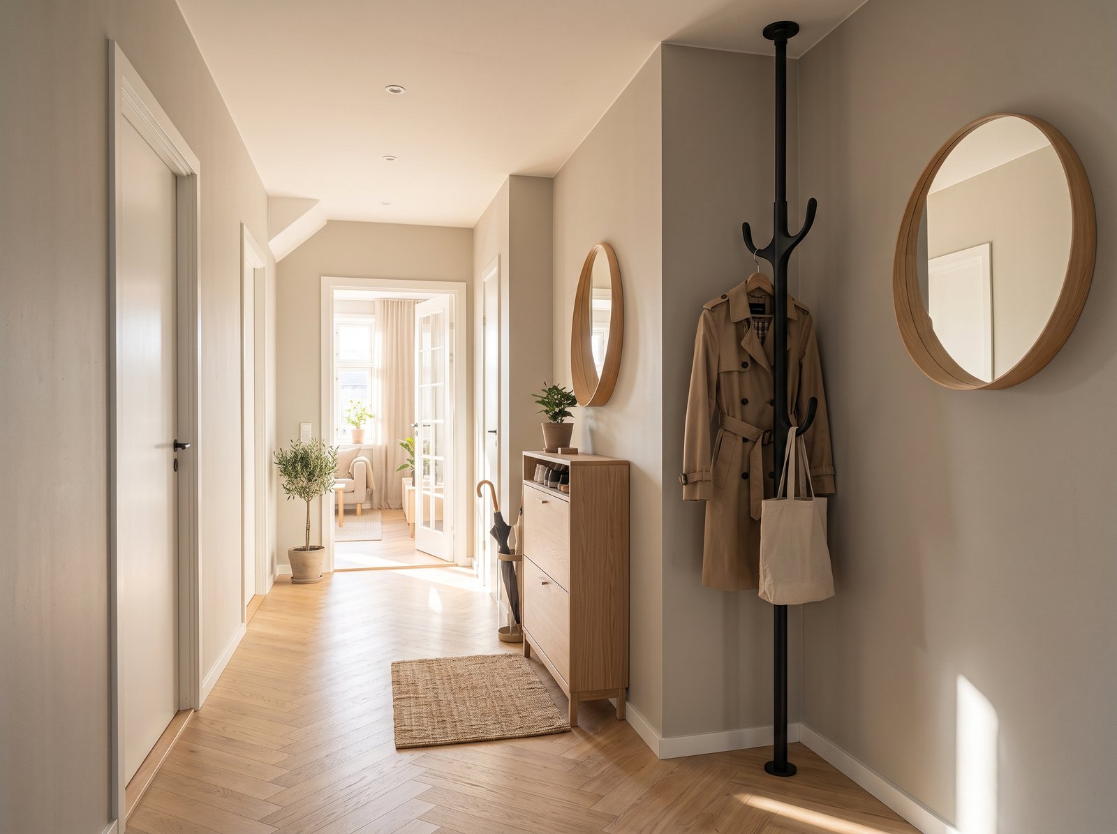 Floor to ceiling tension pole organizer narrow hallway storage ideas
