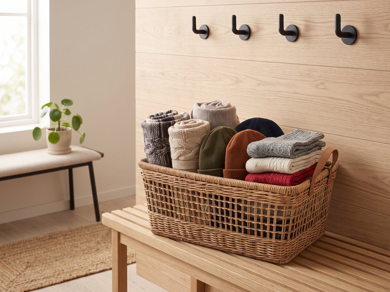 Woven storage baskets for modern mudroom organization ideas