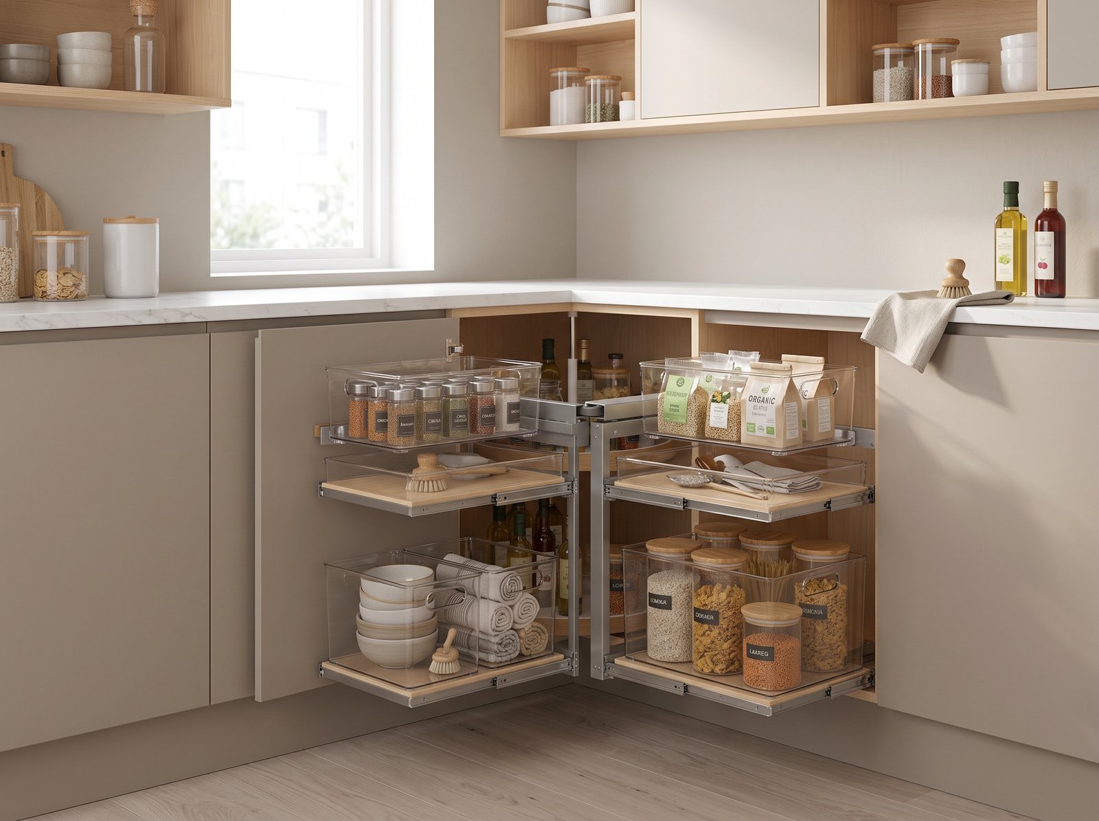 Clear stackable storage bins for deep corner cabinet organization ideas for small spaces