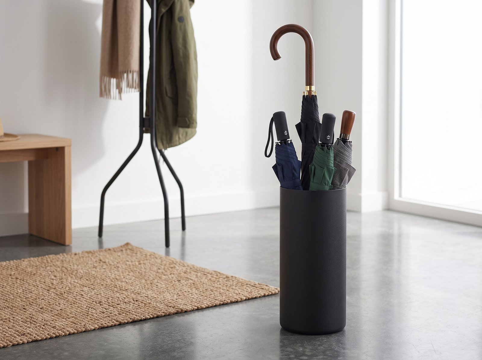 Modern metal umbrella stand with drip tray for modern mudroom organization ideas
