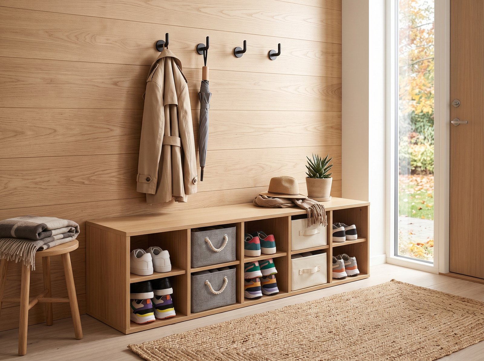 Modern entryway bench with storage cubbies for modern mudroom organization ideas