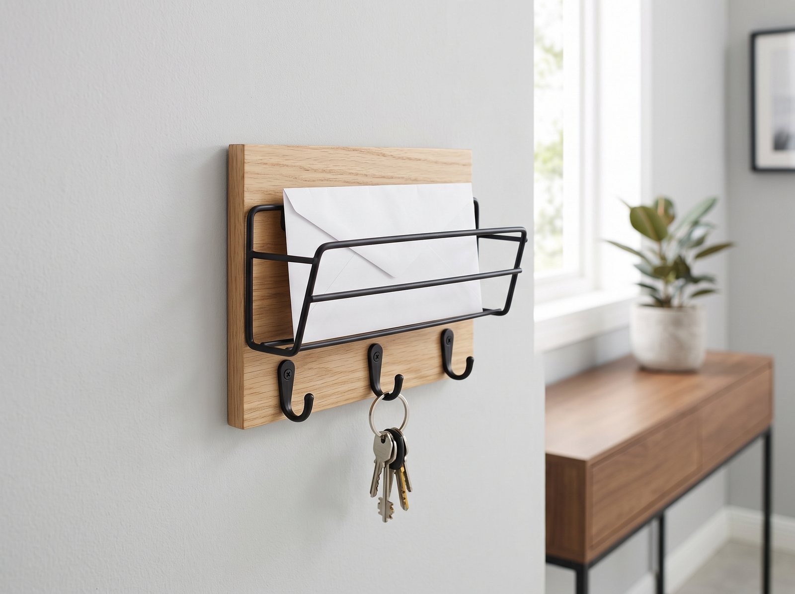Wall mounted key and mail holder for modern mudroom organization ideas