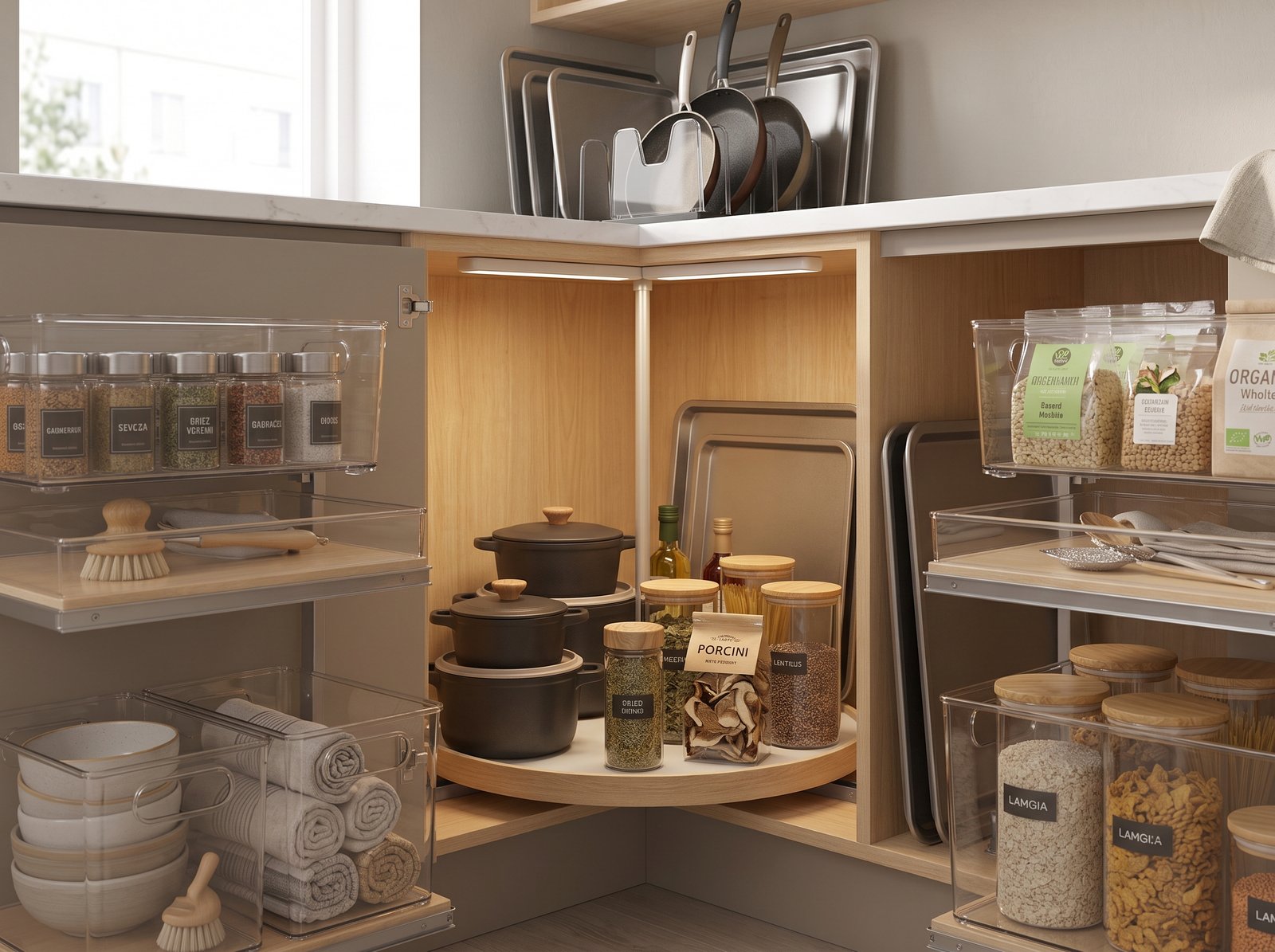 Motion sensor LED light bar for deep corner cabinet organization ideas for small spaces