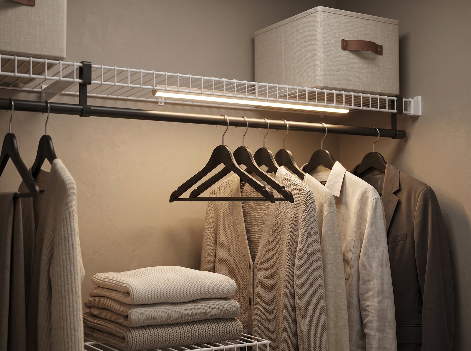 Under shelf LED lighting wire shelf closet hacks