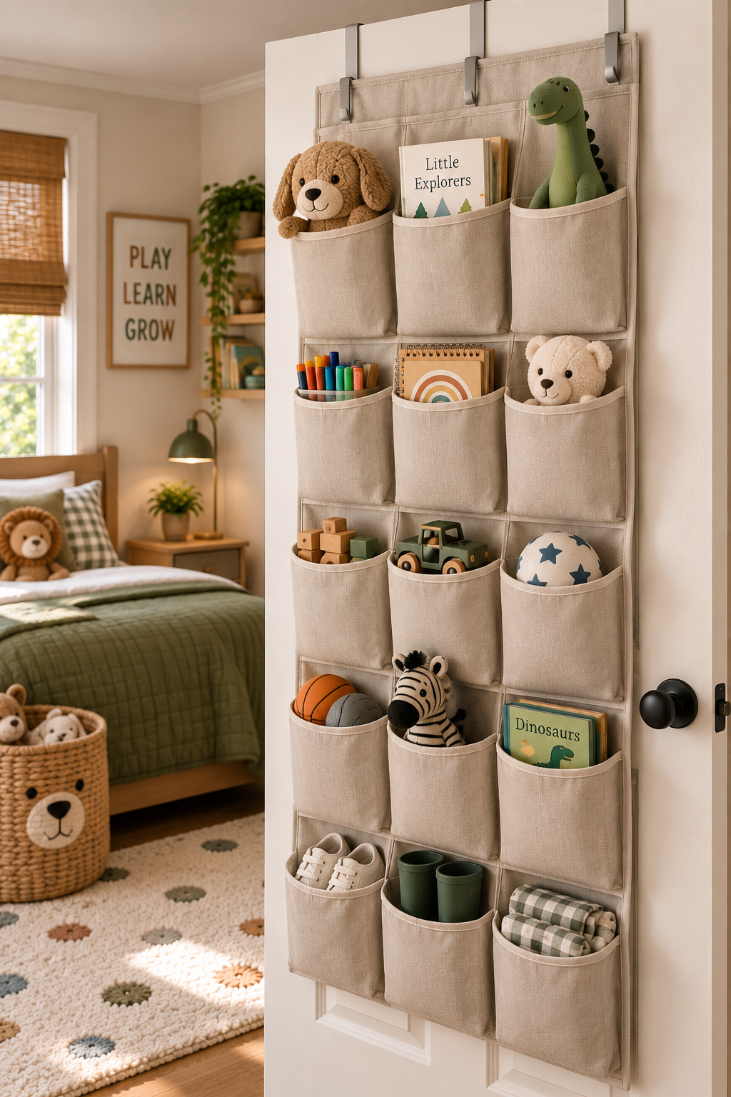 Over-the-door storage organizer for a small kids room