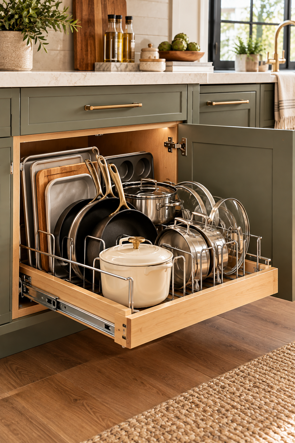 Pull-out cabinet organizer for smart kitchen cabinet organization ideas
