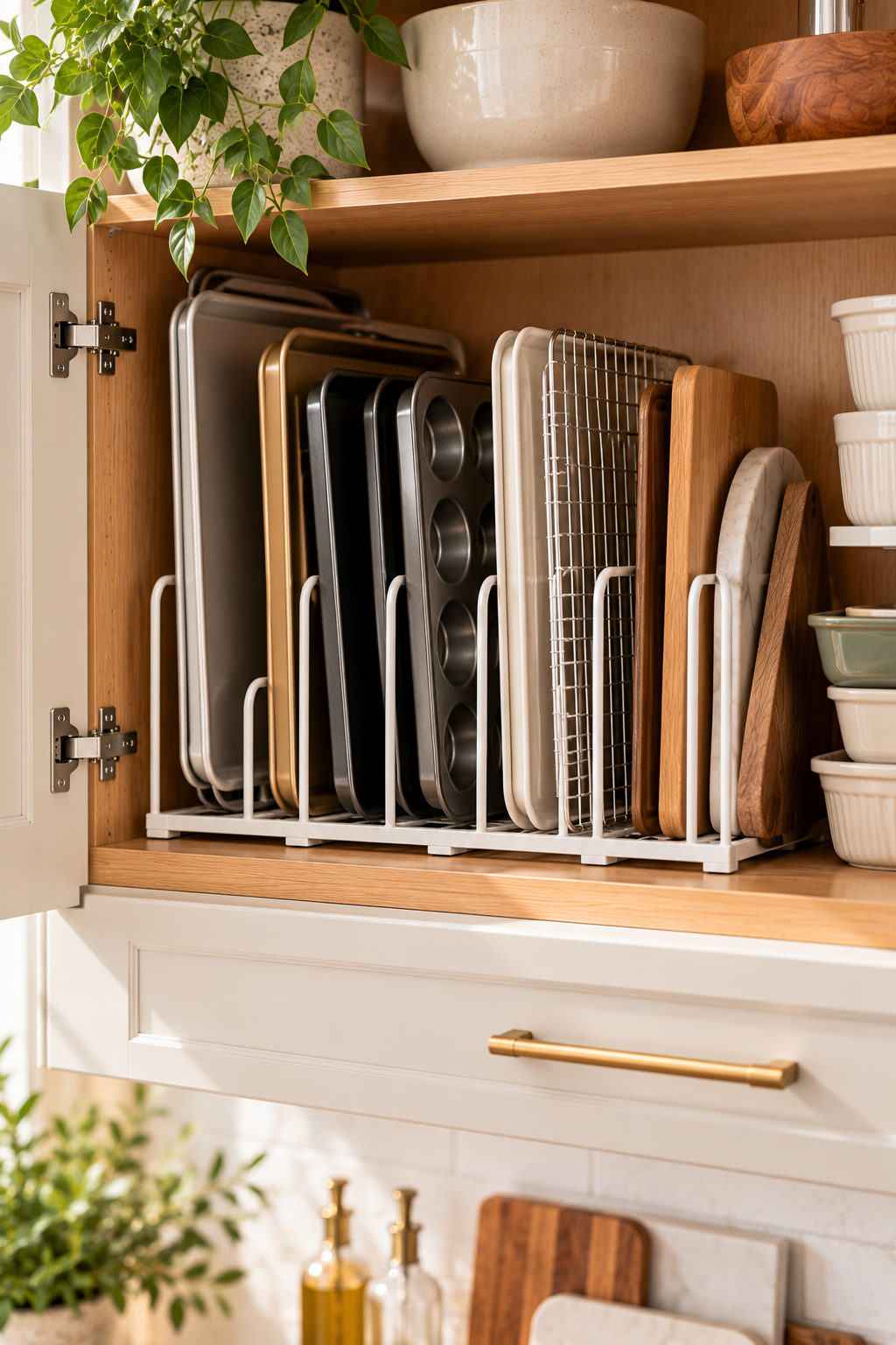 Vertical baking sheet organizer for kitchen cabinet storage