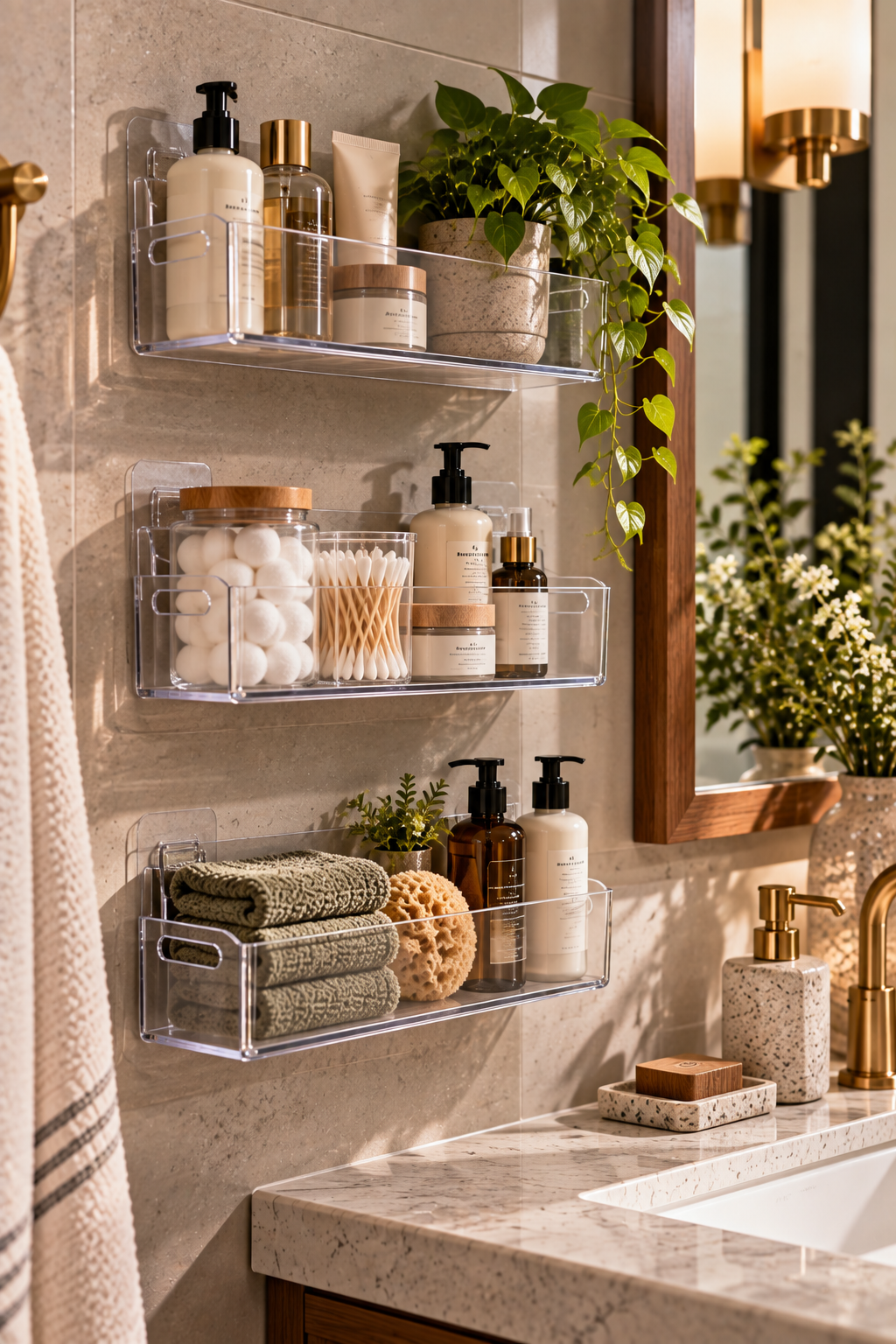 Adhesive wall-mounted storage bins for clutter-free bathroom organization